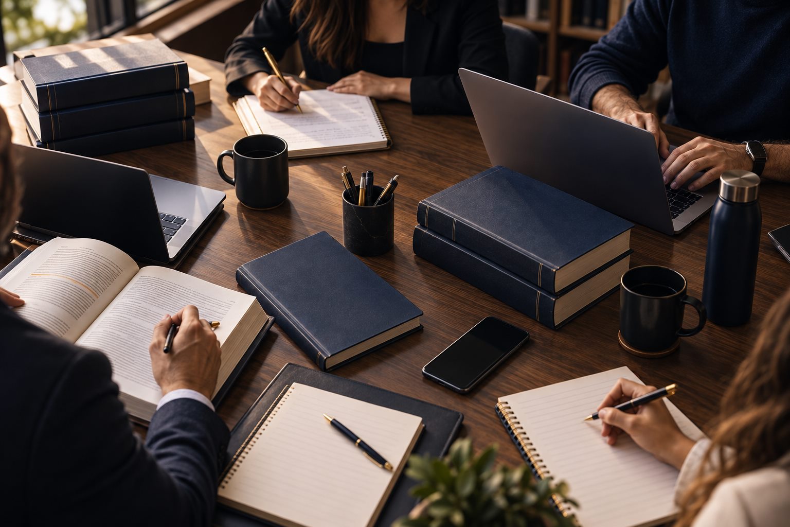Alunos estudando juntos em uma mesa com livros, cadernos e notebooks
